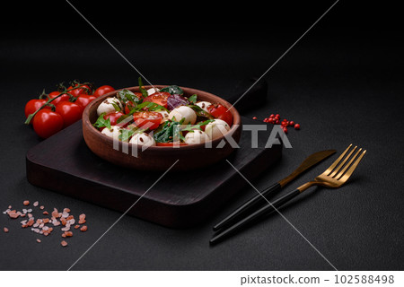 Delicious fresh salad with mozzarella cheese, cherry tomatoes, herbs, salt and spices Delicious fresh salad with mozzarella cheese, cherry tomatoes, herbs, salt and spices 102588498