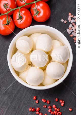Delicious fresh mozzarella cheese in the form of small balls with salt and spices Delicious fresh mozzarella cheese in the form of small balls with salt and spices 102588582