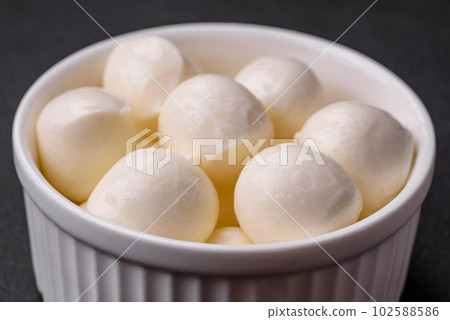 Delicious fresh mozzarella cheese in the form of small balls with salt and spices 102588586