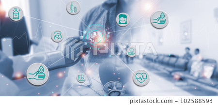 Double exposure Medicine doctor and health care.Health care with medical working in hospital.study,vaccine, rising growth.COVID-19. Photo Medical and technology concept. 102588593