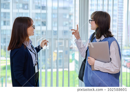Meeting, conversation of female teacher and girl college student in educational center 102588601