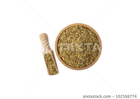 dried flowers of black lilac or black elder in latin sambuci flos in wooden bowl and scoop isolated on white background. Medicinal herb. 102588774