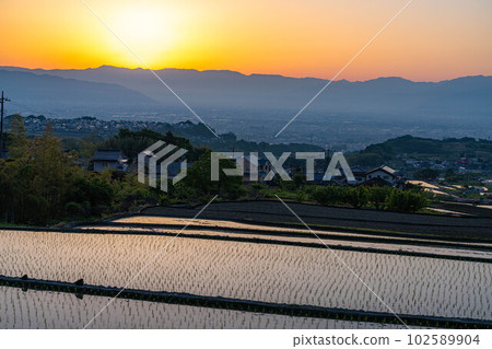 [Early Summer Material] Nakano Terraced Rice Fields at Dawn [Yamanashi Prefecture] 102589904