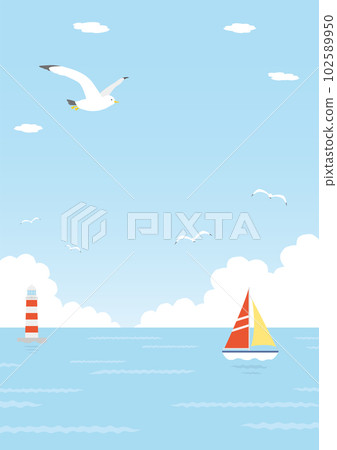 大海的背景插圖與漂浮的海鷗和遊艇_1_vertical 102589950