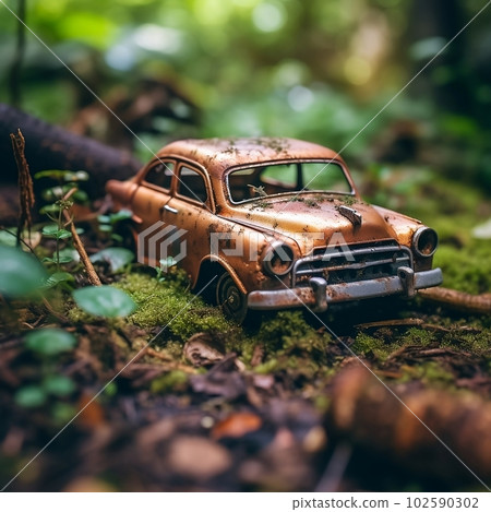 Battered car in the forest "AI-generated image" 102590302