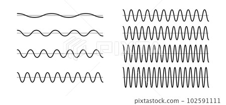 Sinusoid signals set. Black curve sound waves collection. Voice or music audio concept. Pulsating lines. Electronic radio graphics with different frequency and amplitude. Vector bundle  102591111