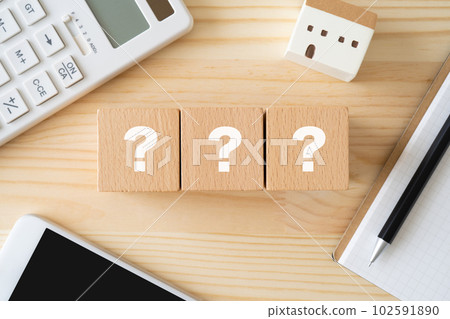 Question mark block, calculator, smartphone, notebook, miniature house 102591890