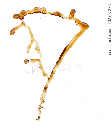 Coffee drink Shape form droplet of espresso splashes into drop cola line tube attack fluttering in air and stop motion freeze shot. Splash soyu soy sauce coffee drink texture graphic resource elements 102592278