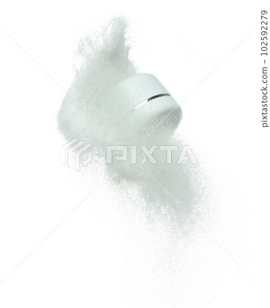 Cosmetic container white bottle fly splashing on white sand. Tube transparent sand powder in mid air. Moisturizer lotion cream bottle explosion flying. White background isolated high speed shutter Cosmetic container white bottle fly splashing on white sand. Tube transparent sand powder in mid air. Moisturizer lotion cream bottle explosion flying. White background isolated high speed shutter 102592279