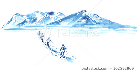水彩畫雪山登山風景圖 102592969