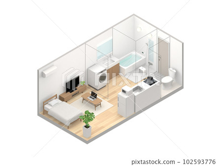 Floor plan perspective of a one-room apartment seen diagonally from above Floor plan perspective of a one-room apartment seen diagonally from above 102593776