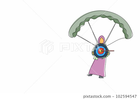 Single one line drawing Arabian businesswoman holding target with arrow in bullseye and jumping with parachute. Business finance goal minimal concept. Modern continuous line draw design graphic vector Single one line drawing Arabian businesswoman holding target with arrow in bullseye and jumping with parachute. Business finance goal minimal concept. Modern continuous line draw design graphic vector 102594547