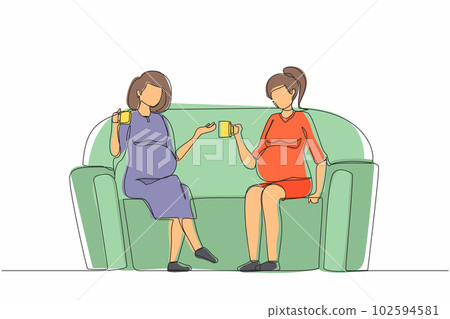 Single one line drawing two girls are sitting on couch. They drink tea, talk, share secrets. Friends, neighbors, young ladies. Cozy evening with hot drink. Continuous line draw design graphic vector 102594581