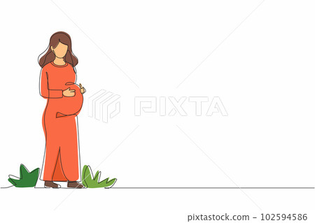 Continuous one line drawing happy pregnant woman holds her belly. Pregnancy resources type. Active well fitted pregnant female character. Happy pregnancy. Single line draw design vector illustration 102594586
