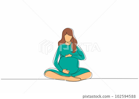 Continuous one line drawing happy young pregnant woman sitting with crossed legs at home and looking at her belly. Future mom expecting baby caressing her tummy. Single line draw design vector graphic 102594588