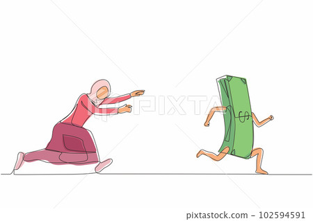 Continuous one line drawing Arabic businesswoman or manager running and chasing after run away money. Concept of money obsession, impatient, greedy. Single line draw design vector graphic illustration 102594591