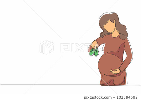 Single continuous line drawing small shoes for unborn baby in belly of pregnant woman. Pregnant woman holding small baby shoes relaxing at home in bedroom. Dynamic one line draw graphic design vector 102594592