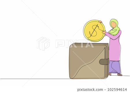 Single one line drawing Arab businesswoman putting dollar coin into big wallet. Concept of direct payment, paying by cash, money transfer, personal financial transaction. Continuous line design vector Single one line drawing Arab businesswoman putting dollar coin into big wallet. Concept of direct payment, paying by cash, money transfer, personal financial transaction. Continuous line design vector 102594614