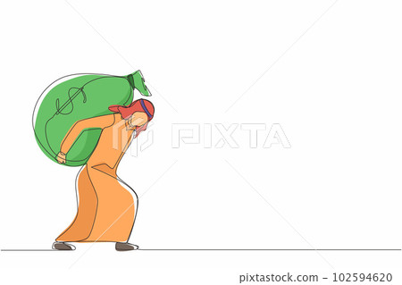 Single continuous line drawing Arab businessman carrying big and heavy money bag on his back. Financial problem, taxation burden or business debt, deadline concept. One line draw graphic design vector 102594620