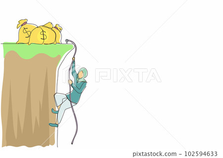 Continuous one line drawing Arabian businesswoman doing rope climbing towards money bag. Climber hanging on rope, pulling himself on top of rocky mountain wall. Single line draw design vector graphic Continuous one line drawing Arabian businesswoman doing rope climbing towards money bag. Climber hanging on rope, pulling himself on top of rocky mountain wall. Single line draw design vector graphic 102594633
