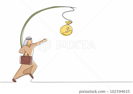 Single one line drawing oblivious Arabian businessman chasing bag of money. Artwork illustration depicts foolishness, stupidity, unawareness, decoy. Continuous line design graphic vector illustration 102594635