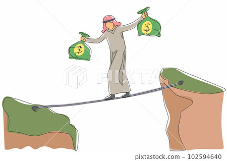 Continuous one line drawing Arabian businessman walk over cliff gap mountain carry two money bag risking dangerous. Male walking balance on rope bridge. Single line design vector graphic illustration Continuous one line drawing Arabian businessman walk over cliff gap mountain carry two money bag risking dangerous. Male walking balance on rope bridge. Single line design vector graphic illustration 102594640