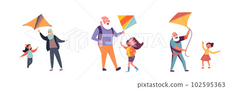 set vector illustration of happy dad and kid spending time together flying a kite isolate set vector illustration of happy dad and kid spending time together flying a kite isolate 102595363