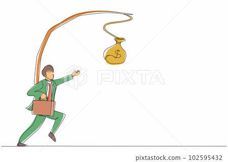 Continuous one line drawing oblivious businessman chasing bag of money. Artwork illustration depicts foolishness, stupidity, unawareness, and decoy. Single line draw design vector graphic illustration Continuous one line drawing oblivious businessman chasing bag of money. Artwork illustration depicts foolishness, stupidity, unawareness, and decoy. Single line draw design vector graphic illustration 102595432