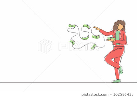 Single one line drawing happy businesswoman millionaire throw out pile of money banknotes flying into the air. Success and wealthy fortune entrepreneur. Continuous line draw design graphic vector Single one line drawing happy businesswoman millionaire throw out pile of money banknotes flying into the air. Success and wealthy fortune entrepreneur. Continuous line draw design graphic vector 102595433