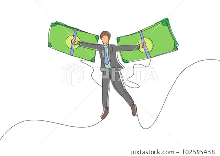 Single continuous line drawing businessman flying on money wings. Concept of financial freedom, depicting man flying on wings made of currency bills. One line draw graphic design vector illustration 102595438