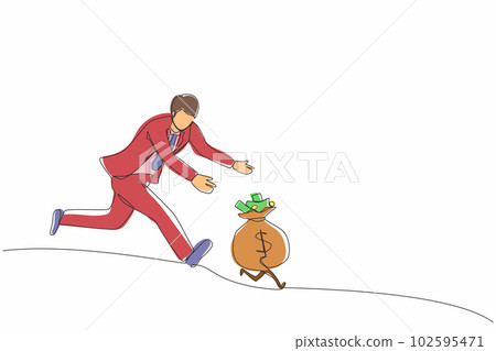 Single continuous line drawing businessman chasing money bag dollar run away. Concept of achieving goals and profits, striving for success, running for money. One line draw design vector illustration Single continuous line drawing businessman chasing money bag dollar run away. Concept of achieving goals and profits, striving for success, running for money. One line draw design vector illustration 102595471