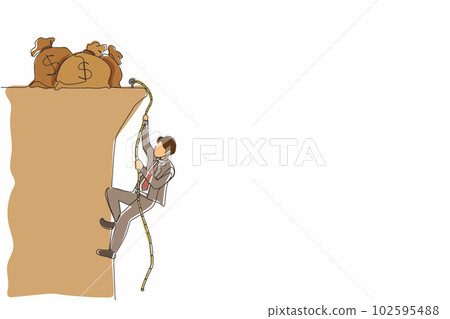 Continuous one line drawing businessman doing rope climbing towards money bag. Climber hanging on rope and pulling himself on top of rocky mountain wall. Single line design vector graphic illustration Continuous one line drawing businessman doing rope climbing towards money bag. Climber hanging on rope and pulling himself on top of rocky mountain wall. Single line design vector graphic illustration 102595488