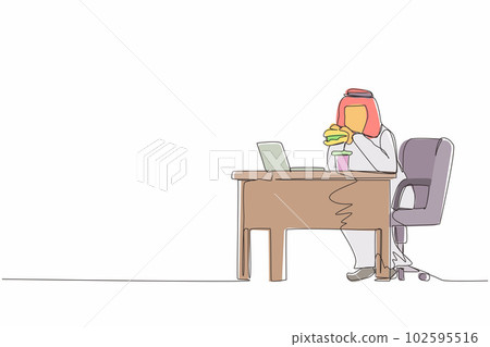 Single one line drawing fat obese Arabian man using laptop eating burger fast food unhealthy lifestyle concept overweight male freelancer sitting at workplace. Continuous line draw design vector Single one line drawing fat obese Arabian man using laptop eating burger fast food unhealthy lifestyle concept overweight male freelancer sitting at workplace. Continuous line draw design vector 102595516