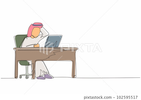 Continuous one line drawing male manager working on computer laptop. Arab businessman with question mark over head scratches back of his head sitting in front of laptop. Single line draw design vector Continuous one line drawing male manager working on computer laptop. Arab businessman with question mark over head scratches back of his head sitting in front of laptop. Single line draw design vector 102595517