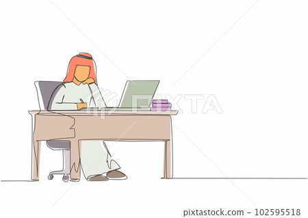 Single continuous line drawing Arabic businessman writing sitting in front of laptop at table. Young male studying and writing in notebook, at desk in front of computer. One line graphic design vector Single continuous line drawing Arabic businessman writing sitting in front of laptop at table. Young male studying and writing in notebook, at desk in front of computer. One line graphic design vector 102595518