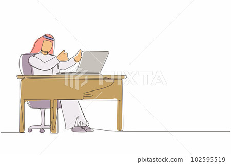 Single one line drawing Arab businessman giving good sign in front of computer. Male manager operating PC while doing thumbs-up sign. Happy employee concept. Continuous line draw design graphic vector Single one line drawing Arab businessman giving good sign in front of computer. Male manager operating PC while doing thumbs-up sign. Happy employee concept. Continuous line draw design graphic vector 102595519