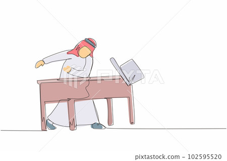 Continuous one line drawing frustrated and furious Arabian businessman is angry and throwing laptop. Bad workplace emotions. Man manager stress at work. Single line design vector graphic illustration Continuous one line drawing frustrated and furious Arabian businessman is angry and throwing laptop. Bad workplace emotions. Man manager stress at work. Single line design vector graphic illustration 102595520