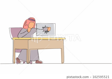 Single continuous line drawing angry Arab businessman breaks his laptop computer hitting it with clenched fist sitting at desk. Frustrated man worker punching hole in pc screen. One line design vector Single continuous line drawing angry Arab businessman breaks his laptop computer hitting it with clenched fist sitting at desk. Frustrated man worker punching hole in pc screen. One line design vector 102595521