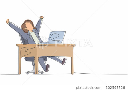 Continuous one line drawing happy businesswoman sitting in chair at desk using laptop celebrating win with hands raised. Celebrating win, positive emotions concept. Single line graphic design vector 102595526