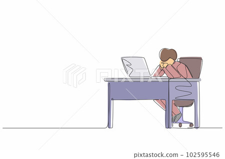 Single one line drawing pensive businessman working at laptop. Frustrated male in doubt with hand on chin gesture. Work at home office. Remote job, workplace. Continuous line design graphic vector Single one line drawing pensive businessman working at laptop. Frustrated male in doubt with hand on chin gesture. Work at home office. Remote job, workplace. Continuous line design graphic vector 102595546