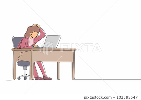 Single continuous line drawing female manager working on computer laptop. Woman with question mark over head scratches back of her head sitting in front of laptop. One line draw graphic design vector 102595547