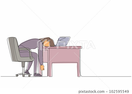 Continuous one line drawing professional burnout syndrome. Exhausted sick tired female manager in office sad boring sitting with head down on laptop. Single line design vector graphic illustration Continuous one line drawing professional burnout syndrome. Exhausted sick tired female manager in office sad boring sitting with head down on laptop. Single line design vector graphic illustration 102595549