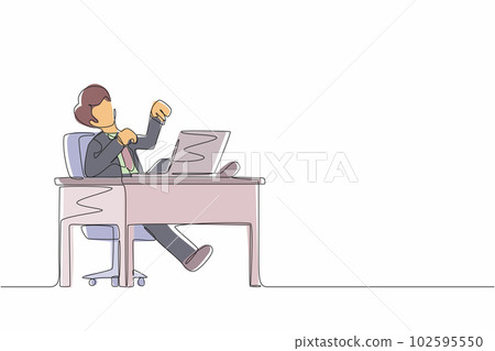 Continuous one line drawing man manager laughing out loud while pointing his finger at laptop. Happiness, business success, win, leader, development concept. Single line draw design vector graphic Continuous one line drawing man manager laughing out loud while pointing his finger at laptop. Happiness, business success, win, leader, development concept. Single line draw design vector graphic 102595550
