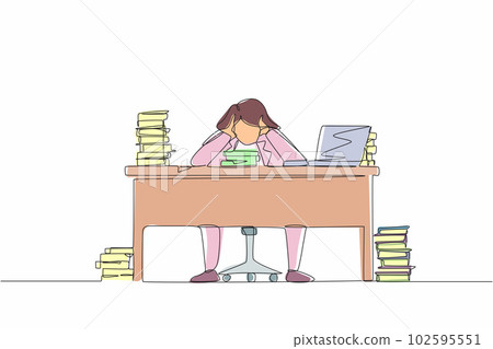 Single continuous line drawing stressed businesswoman throwing tantrum in office holding her hands to his head shouting while seated at a desk surrounded by files. One line draw graphic design vector 102595551