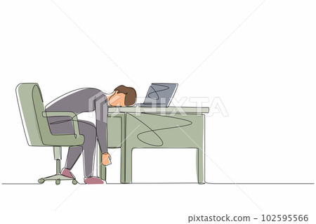 Continuous one line drawing professional burnout syndrome. Exhausted sick tired male manager in office sad boring sitting with head down on laptop. Single line draw design vector graphic illustration 102595566