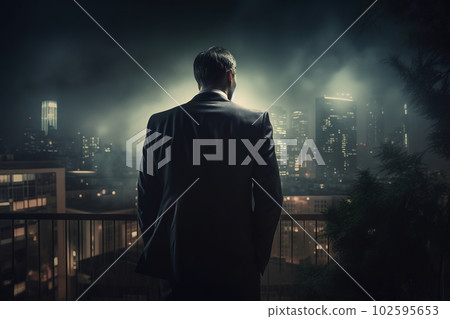 Man in suit in melancholic city at night. Abstract career challenge in city jungle concept. Generative AI 102595653