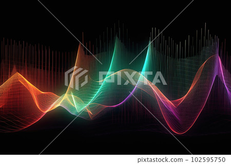 Sound wave abstract vizualisation. Music audio frequencies on black neon background, high tech waves. Generative AI 102595750