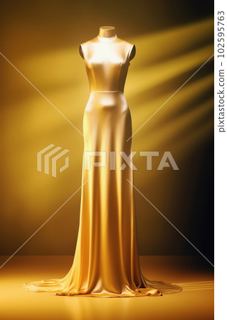 Fashion gold evening gown, formal maxi dress on dummy. Soft light, copy space. Generative AI Fashion gold evening gown, formal maxi dress on dummy. Soft light, copy space. Generative AI 102595763