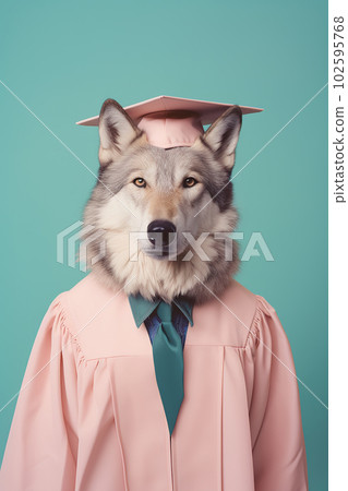 Wolf in graduation cap and gown. Realistic studio portrait. Generative AI 102595768
