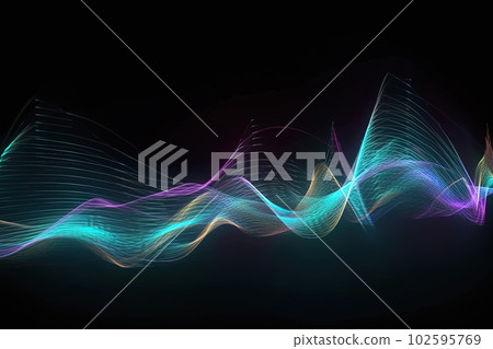 Sound wave abstract vizualisation. Music audio frequencies on black neon background, high tech waves. Generative AI 102595769